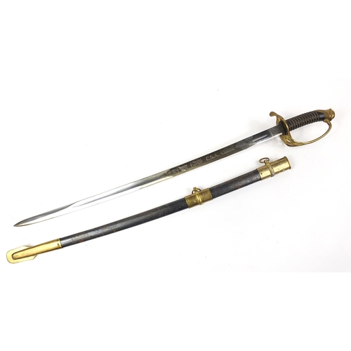 621 - Military interest sword with scabbard and engraved steel blade, 100cm in length