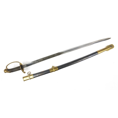 621 - Military interest sword with scabbard and engraved steel blade, 100cm in length