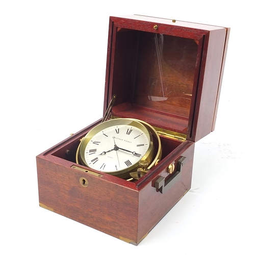 31 - Matthew Norman ship's design clock housed in a mahogany case with brass mounts, 17.5cm x 17cm W x 17... 