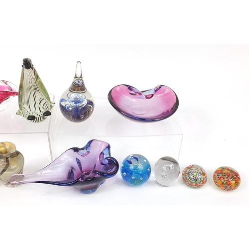 1421 - Collectable glassware including millefiori paperweights, Czechoslovakian dishes and a glass penguin,... 