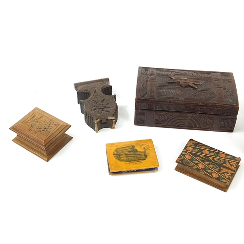 1341 - Objects including carved Black Forest pocket watch holder, Mauchlin ware match case with an image of... 