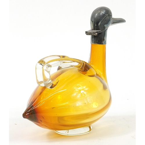 105 - Czechoslovakian amber and clear glass duck claret jug with silver plated mounts, 20cm in length