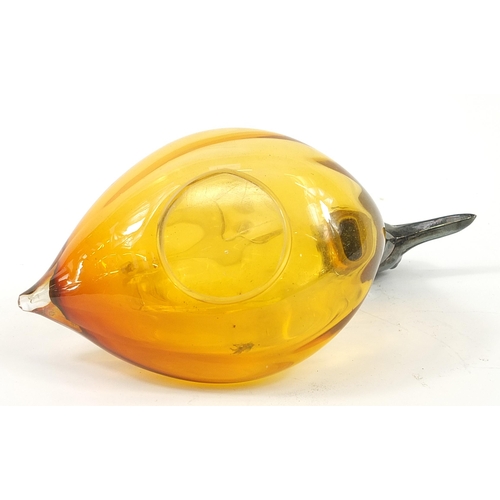 105 - Czechoslovakian amber and clear glass duck claret jug with silver plated mounts, 20cm in length