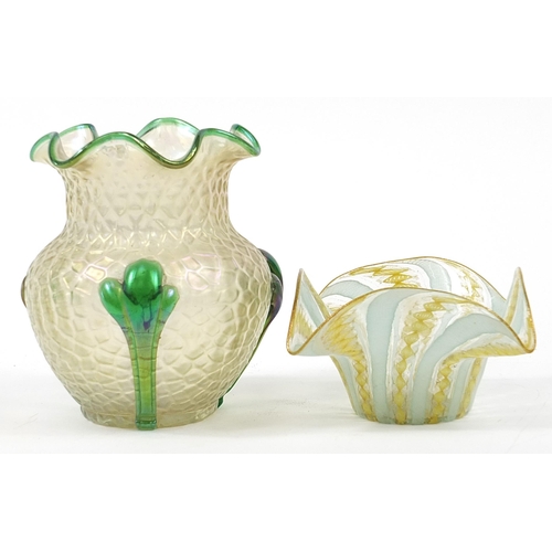 464 - Loetz style iridescent glass vase and a Venini style bowl, the largest 14cm high