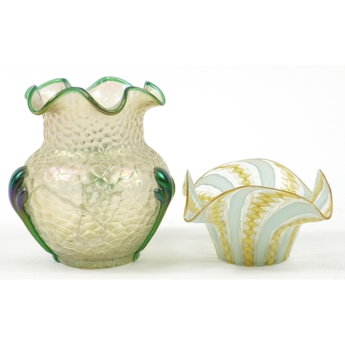 464 - Loetz style iridescent glass vase and a Venini style bowl, the largest 14cm high