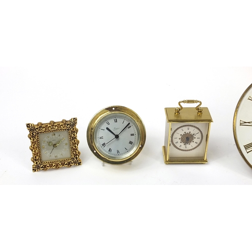 1729 - Clocks including a Bentima green marbleised mantle clock, brass ship's bulkhead design clock and a K... 