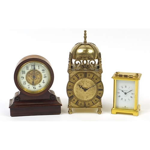 1716 - Three mantle and carriage clocks including and 18th century style Smiths brass lantern clock and a B... 