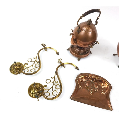 1704 - Decorative arts metalware including a copper teapot on stand with burner, copper dish embossed with ... 