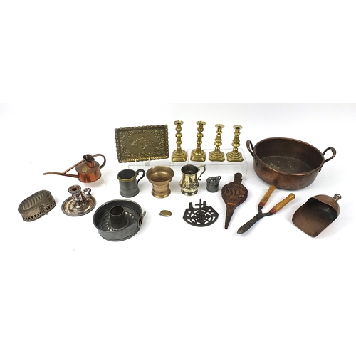 1741 - Antique and later metalware including brass candlesticks, Haws watering can and silver plated candle... 