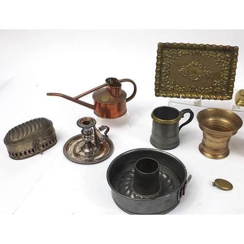 1741 - Antique and later metalware including brass candlesticks, Haws watering can and silver plated candle... 