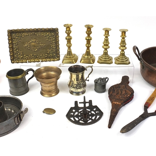 1741 - Antique and later metalware including brass candlesticks, Haws watering can and silver plated candle... 