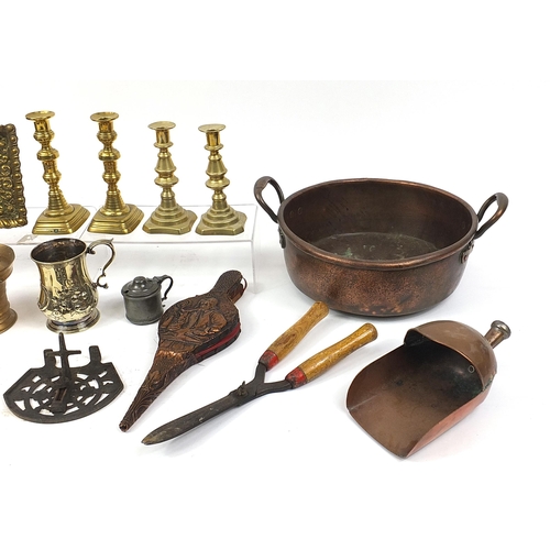 1741 - Antique and later metalware including brass candlesticks, Haws watering can and silver plated candle... 