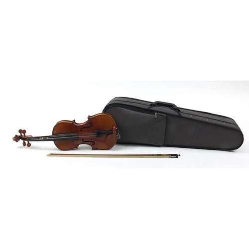 1728 - Child's violin with bow and case with Sandner paper label, the back 32cm in length