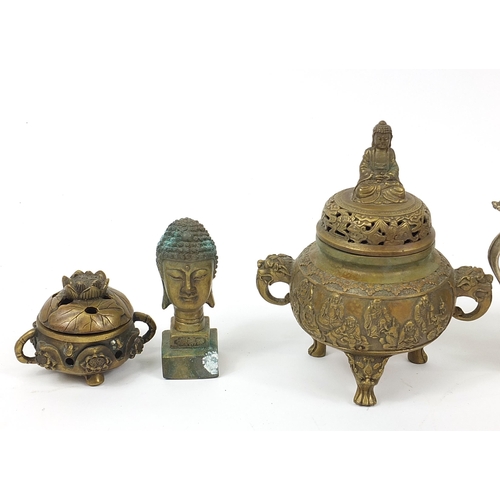 1289 - Chinese metalware including Buddha seal and censers, the largest 17.5cm high