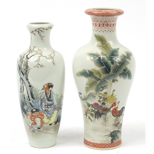 531 - Two Chinese porcelain vases, hand painted in the famille rose palette with figures and cockerels, ir... 