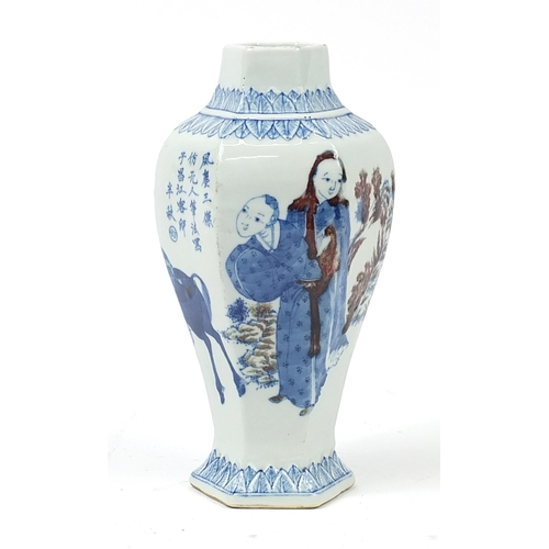 296 - Chinese blue and white with iron red porcelain hexagonal vase hand painted with an Emperor on horseb... 