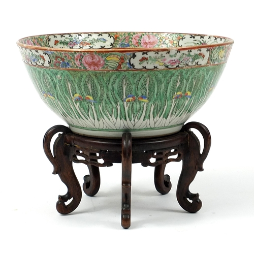 115 - Chinese Canton porcelain bowl on hardwood stand hand painted in the famille rose palette with cabbag... 