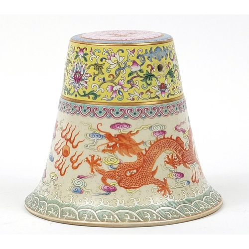 94 - Chinese porcelain altar bell finely hand painted in the famille rose palette and iron red with drago... 