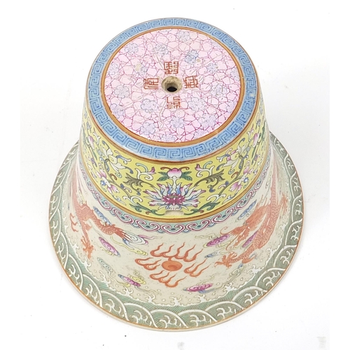 94 - Chinese porcelain altar bell finely hand painted in the famille rose palette and iron red with drago... 