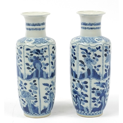 444 - Pair of Chinese blue and white porcelain vases hand painted with panels of flowers, Kangxi blue ring... 