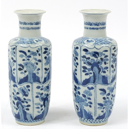 444 - Pair of Chinese blue and white porcelain vases hand painted with panels of flowers, Kangxi blue ring... 