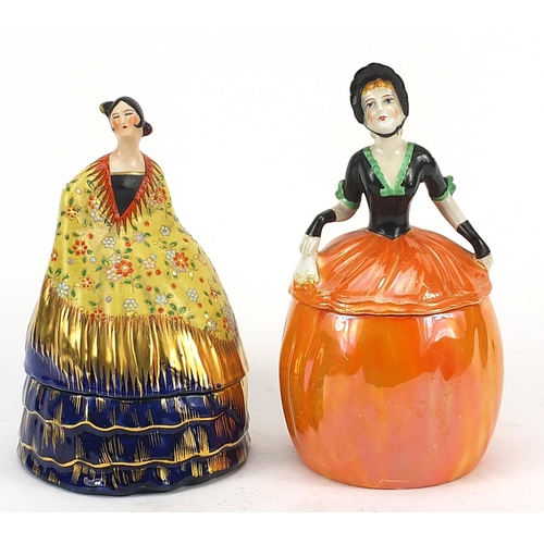 459 - Two Carltonware Crinoline Lady powder pots with covers, the largest 20.5cm high