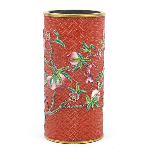 162 - Chinese faux cinnabar lacquer porcelain vase hand painted in the famille rose palette with bats amon... 