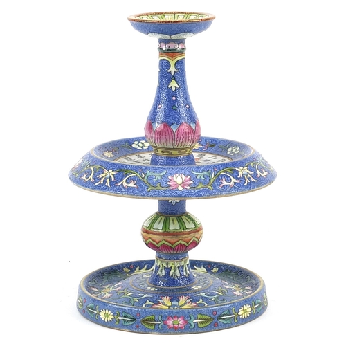 198 - Chinese blue ground porcelain candle holder with drip tray hand painted in the famille rose palette ... 