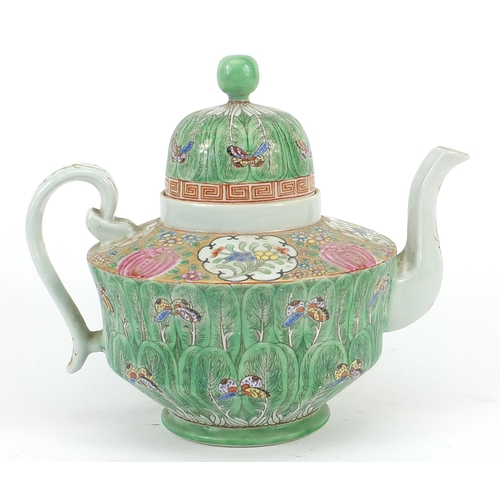 116 - Chinese porcelain teapot hand painted in the famille rose palette with butterflies amongst cabbage l... 