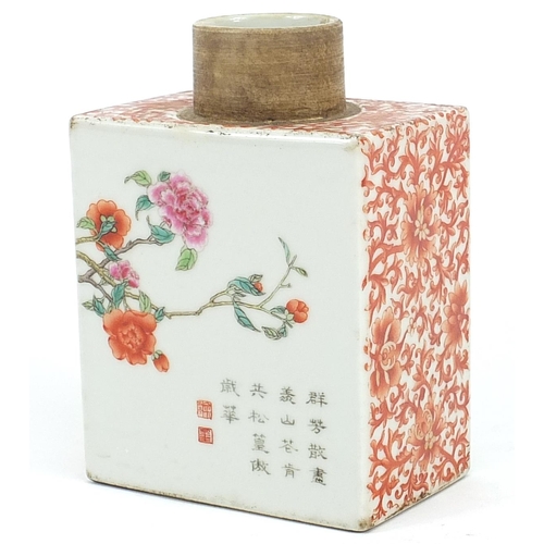 241 - Chinese porcelain tea caddy hand painted in the famille rose palette with flowers and calligraphy, 1... 