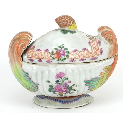 202 - Chinese porcelain sauce tureen with pineapple finial hand painted in the famille rose palette with f... 