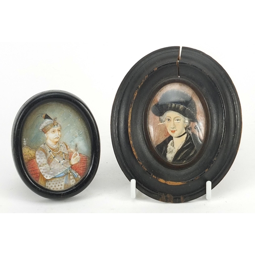 256 - 19th century oval Persian watercolour portrait miniature and a Victorian example, the largest overal... 