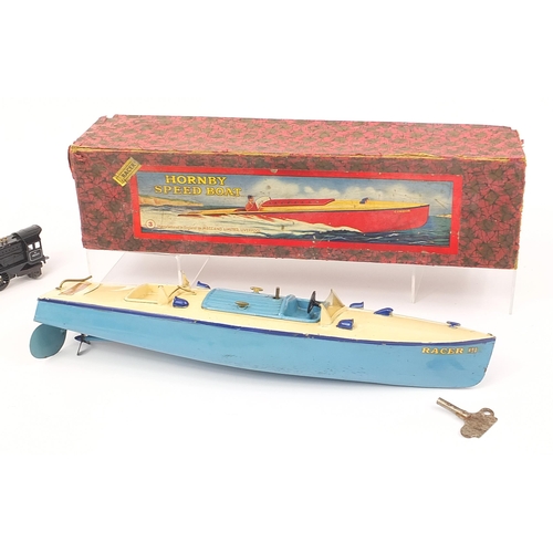 741 - Vintage Hornby speedboat with box and two 00 gauge locomotives, one with tender,