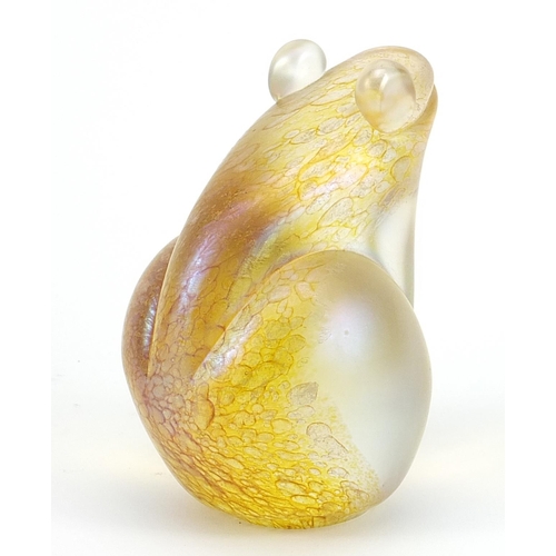 331 - John Ditchfield, Glasform iridescent glass frog paperweight, etched marks and paper label to the bas... 