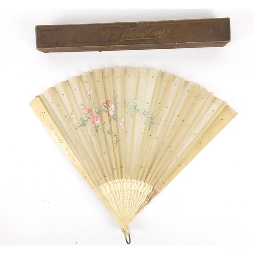 138 - Large Victorian bone and silk brisee fan hand painted with flowers, 33cm in length