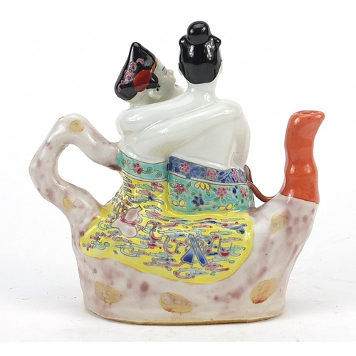 158 - Chinese porcelain erotic figural teapot hand painted in the famille rose palette, impressed characte... 