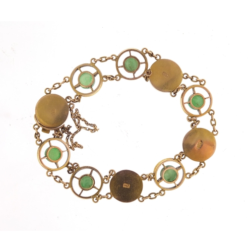 824 - Chinese 14ct gold bracelet set with seven green jade cabochons, 16cm in length, 12.4g