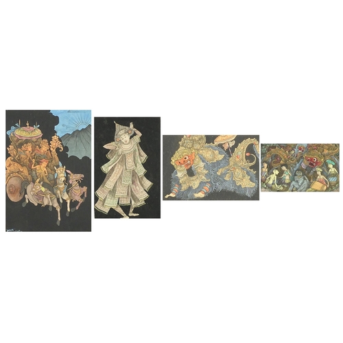 1733 - Figures and dragons, four Balinese watercolours housed in ornate wood frames, the largest approximat... 