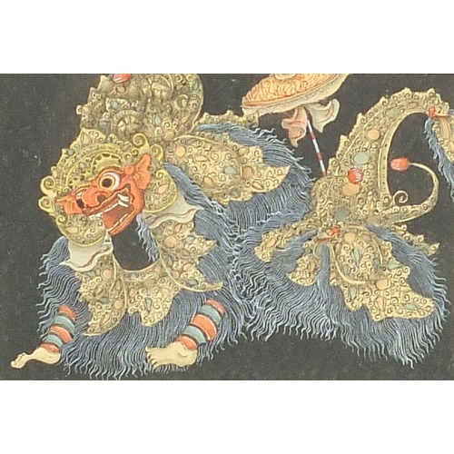 1733 - Figures and dragons, four Balinese watercolours housed in ornate wood frames, the largest approximat... 