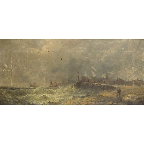 24 - Moored boats and boats beside a port, pair of Dutch 19th century oil on canvases, each indistinctly ... 