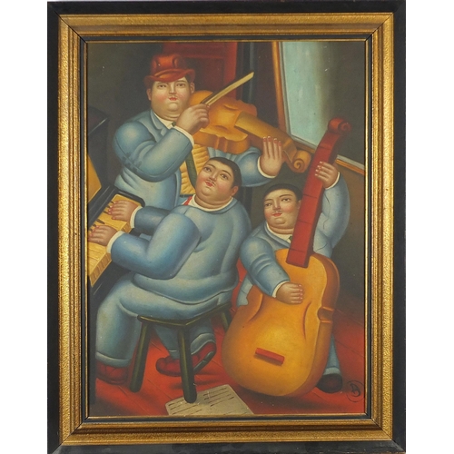 1374 - *WITHDRAWN* Three figures playing instruments, Italian oil on board, mounted and framed, 59.5cm x 44... 