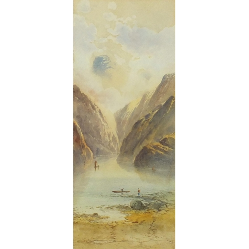 1417 - Mountainous river landscapes with boats, pair of watercolours, one indistinctly signed W A Eart? che... 