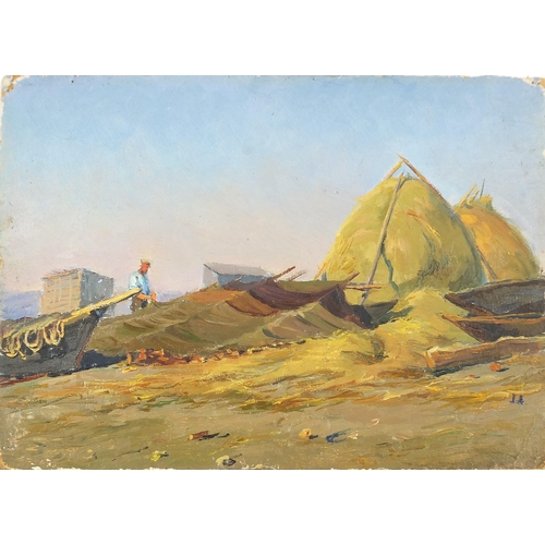 430 - Figure mending huts, Russian school oil on board, landscape verso, unframed, 35cm x 25cm