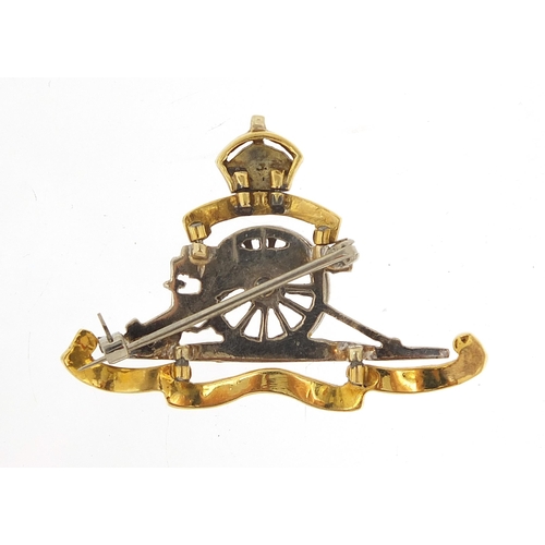 842 - Military interest unmarked gold and enamel Ubique cannon sweetheart brooch set with diamonds, 4.2cm ... 