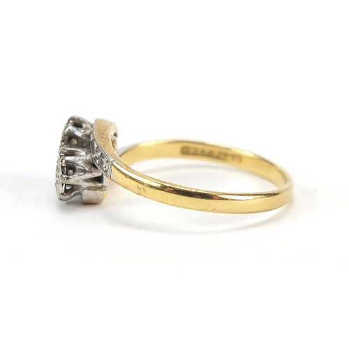 866 - 18ct gold and platinum diamond crossover ring, size N, 3.0g