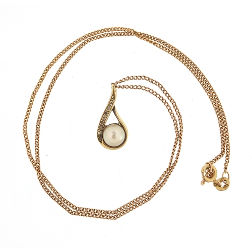 806 - 9ct gold cultured pearl and diamond pendant on a 9ct gold necklace, 1.6cm high and 42cm in length, 3... 