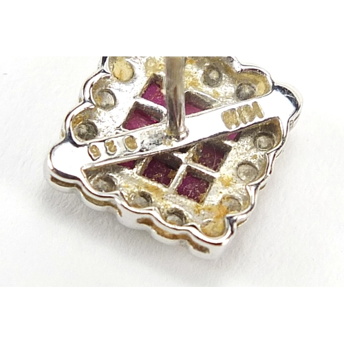 894 - Pair of 18ct white gold ruby and diamond square cluster stud earrings, 1.5cm x 1.5cm, 3.1g