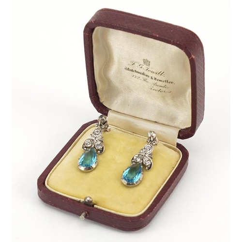 905 - Pair of antique white metal blue and clear paste drop earrings, housed in an F G Towill box, 3.2cm h... 