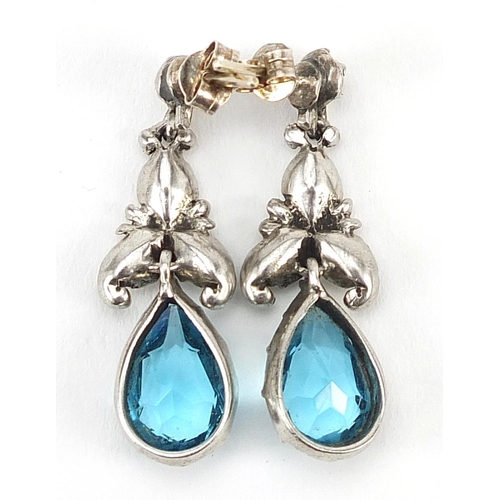 905 - Pair of antique white metal blue and clear paste drop earrings, housed in an F G Towill box, 3.2cm h... 