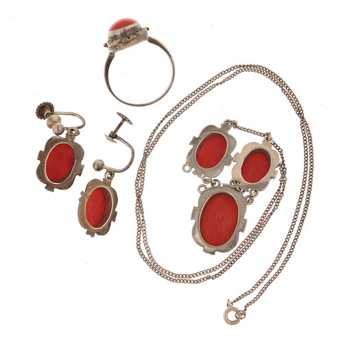 1084 - Silver cabochon coral and marcasite jewellery suite comprising necklace, earrings and ring, housed i... 